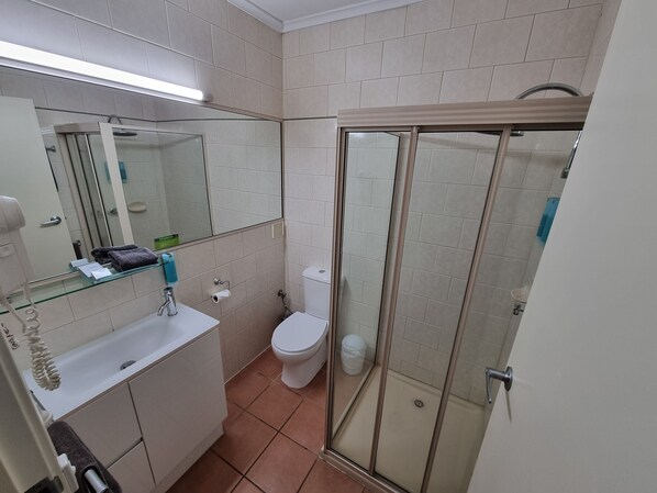 A bathroom with a glass shower enclosure, a toilet, a sink with a mirror, and a towel rack. - Golden Heritage Accommodation (Beechworth)