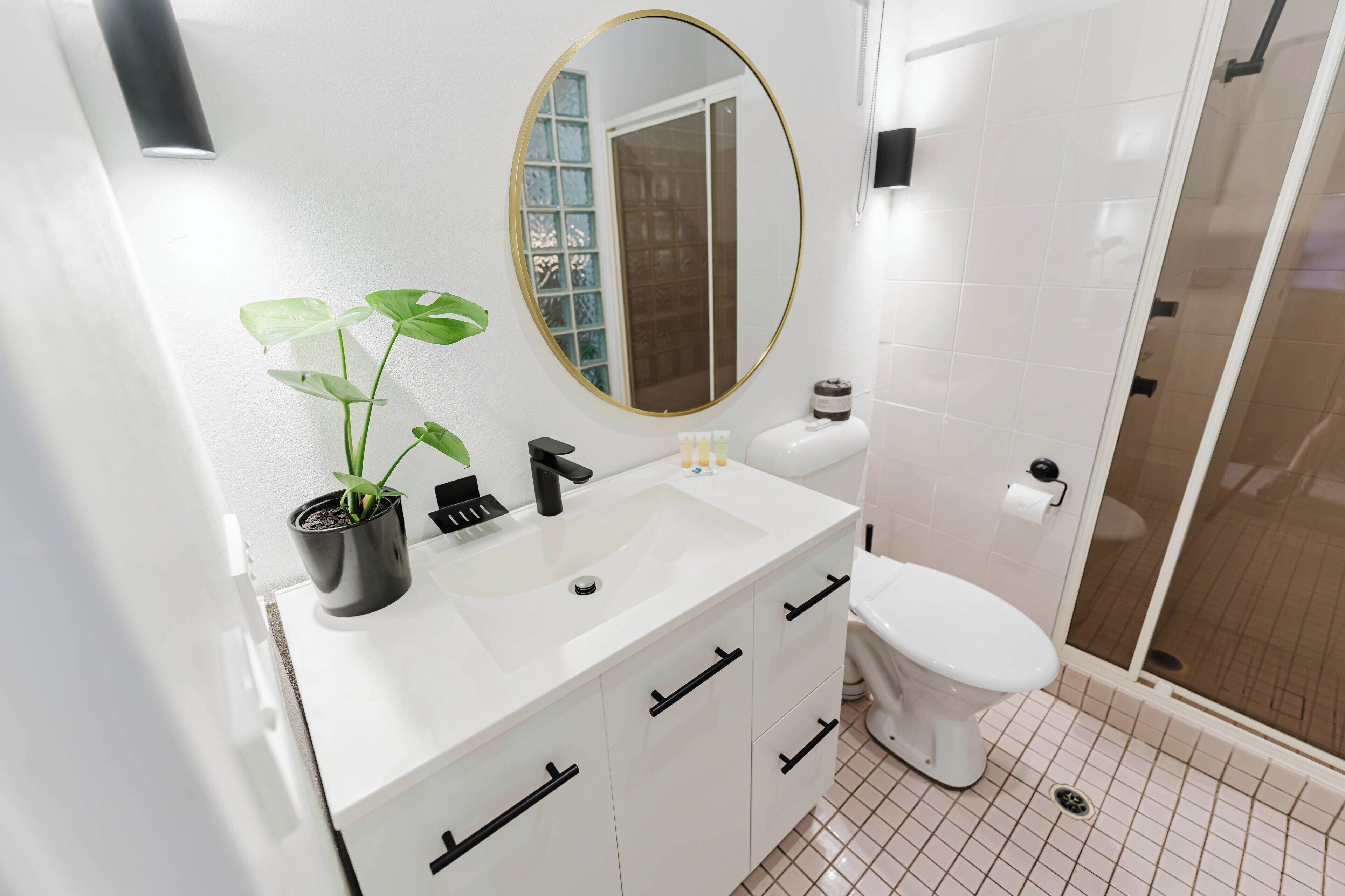 Un baño con lavamanos blanco, grifo negro y una planta en maceta.