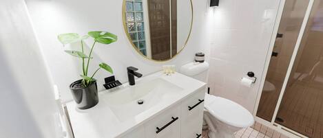 Un baño con lavamanos blanco, grifo negro y una planta en maceta.