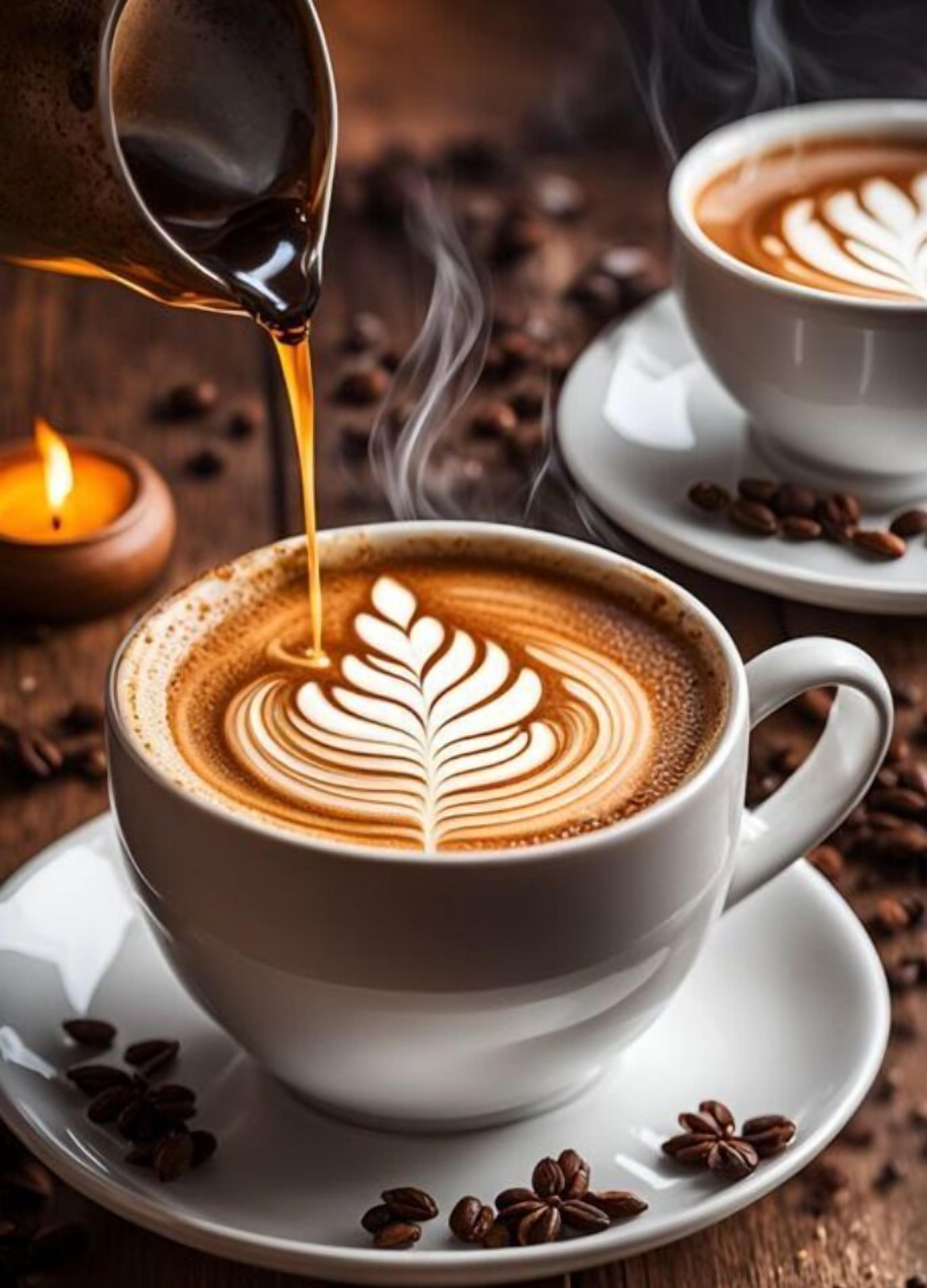 A cup of coffee with latte art on a saucer surrounded by coffee beans.