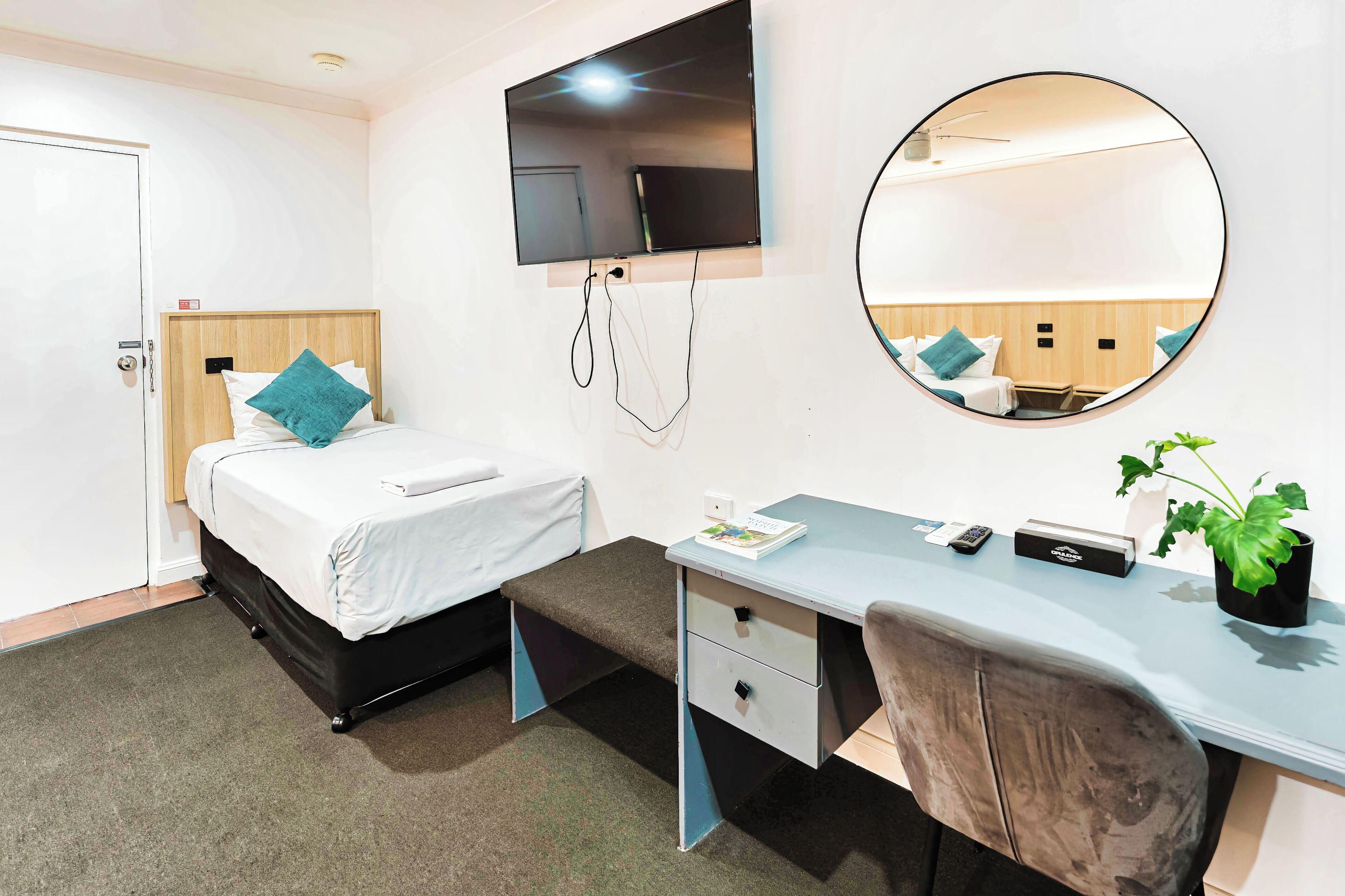 Une chambre d’hôtel équipée d’un lit, d’un bureau, d’une chaise, d’une télévision, d’un miroir et d’une plante.