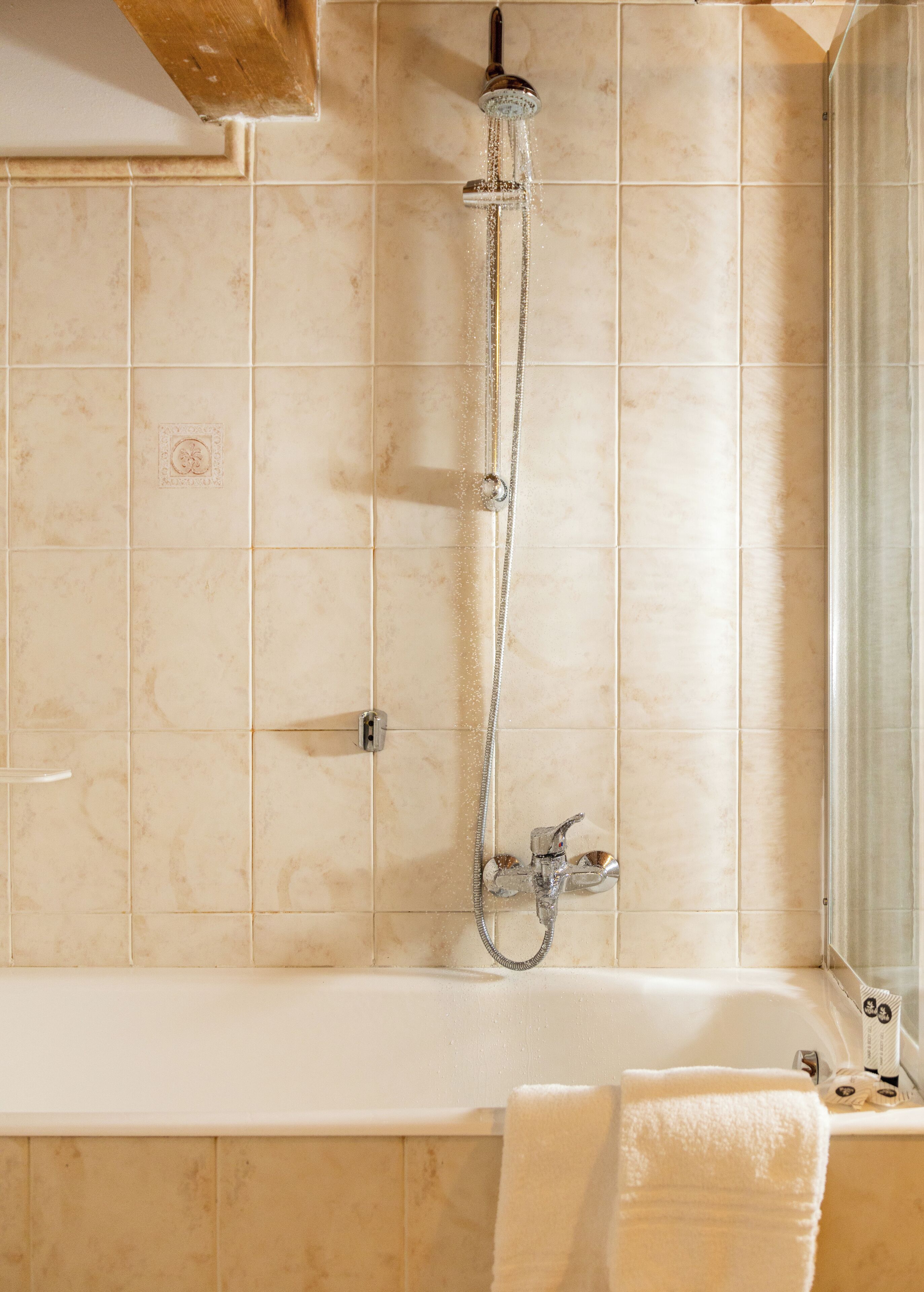 A bathroom with a shower, a bathtub, and a towel rack.