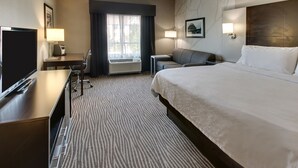 Habitación de hotel con una cama grande, un escritorio con televisor de pantalla plana, un sofá, una lámpara y una ventana con cortinas.
