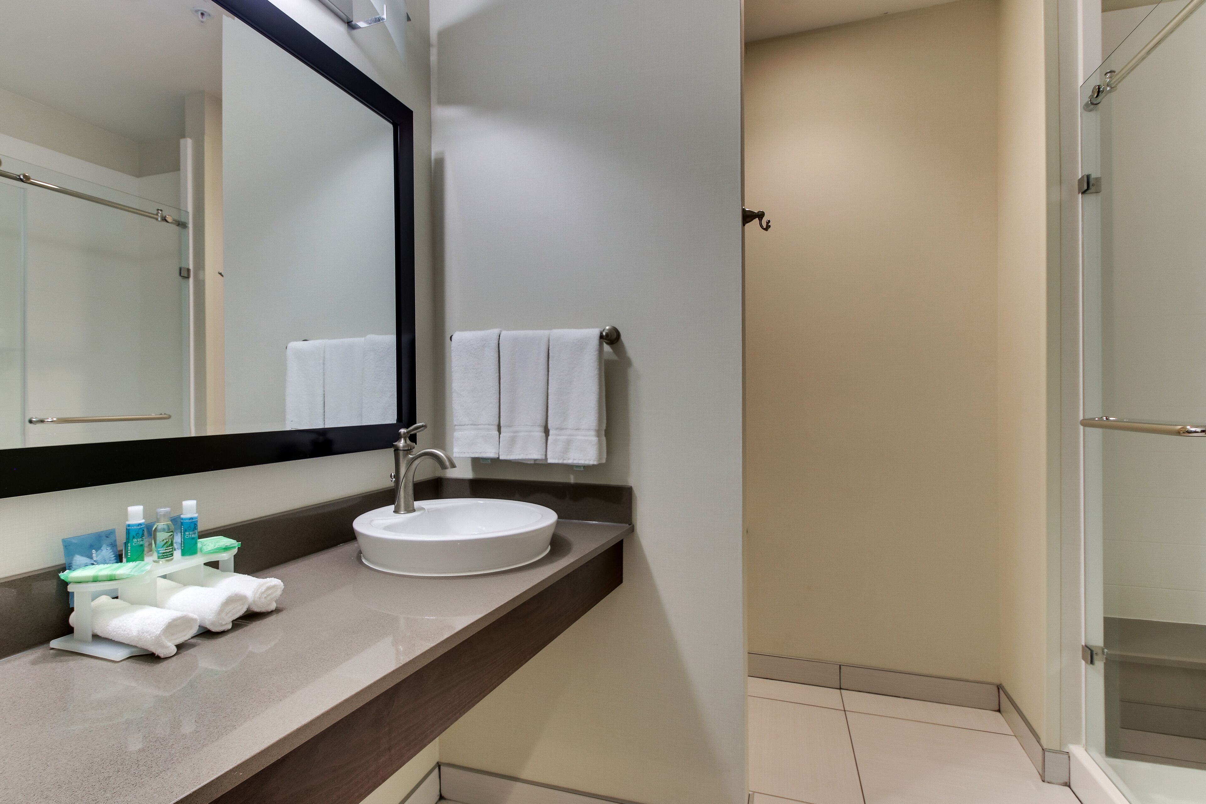 combined shower/bathtub, hair dryer, towels