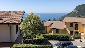 A residential area with terracotta-tiled roofs, a tree, and a view of the sea.