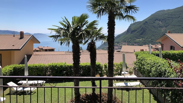 A view of a coastal area with palm trees, a clear sky, and a mountain in the background.