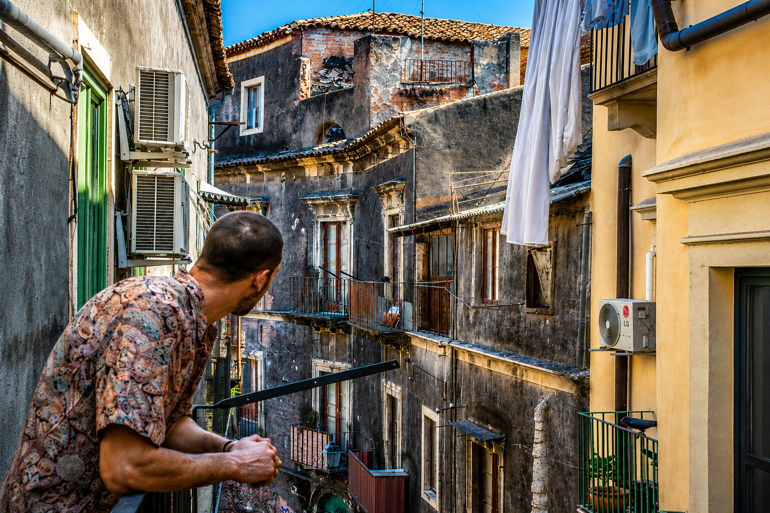 A narrow alleyway with buildings on either side, a man leaning on a railing, and laundry hanging on a line.