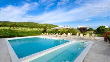 Seasonal outdoor pool, pool umbrellas, pool loungers