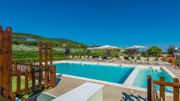Seasonal outdoor pool, pool umbrellas, pool loungers