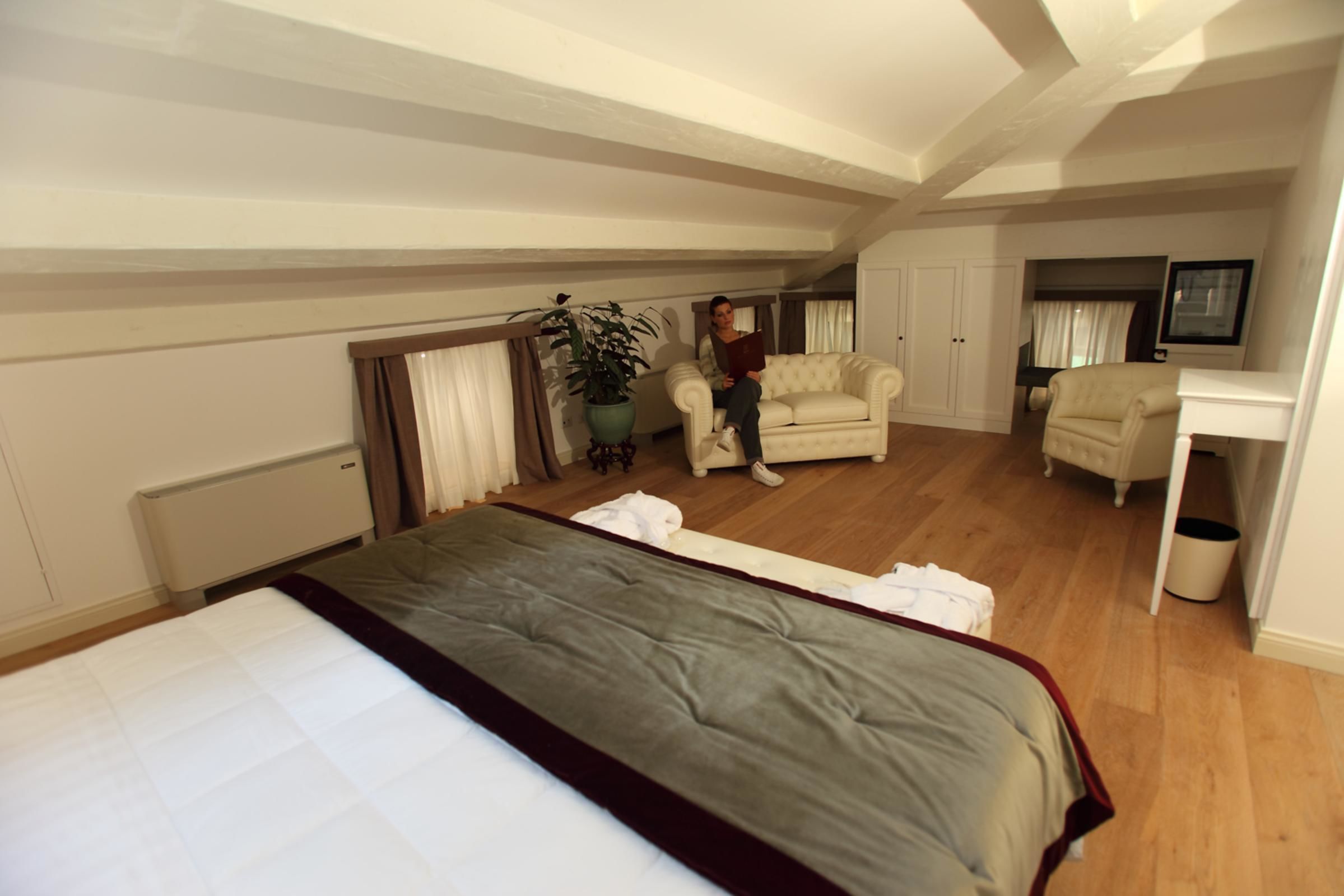 Una habitación amplia con una cama grande, una zona de estar con sofá y sillones, una planta en maceta y un televisor.