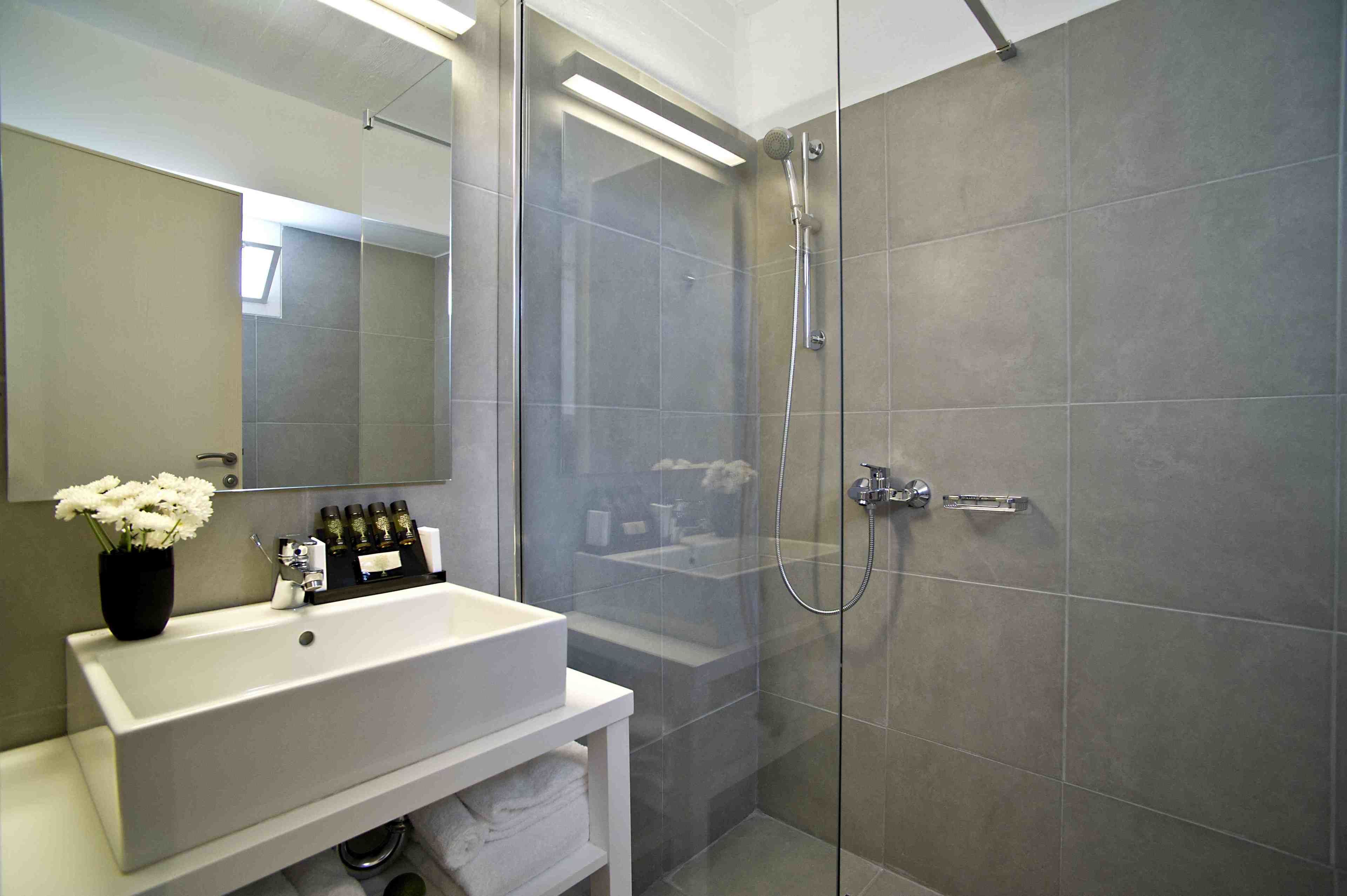 A modern bathroom with a glass-enclosed shower, a white sink, and a mirror above it.