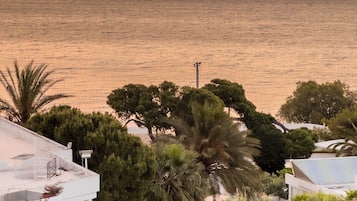 Vista costera con atardecer, palmeras y un edificio blanco con balcones.