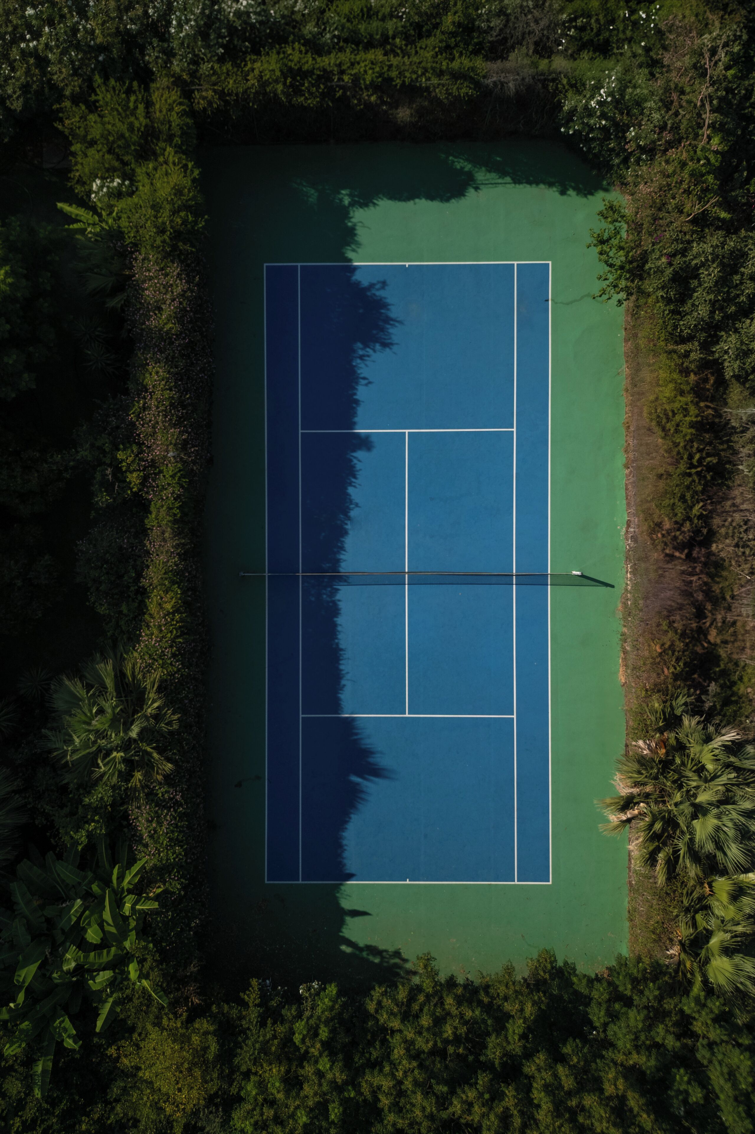 Vista aérea de una cancha de tenis rodeada de abundante vegetación.