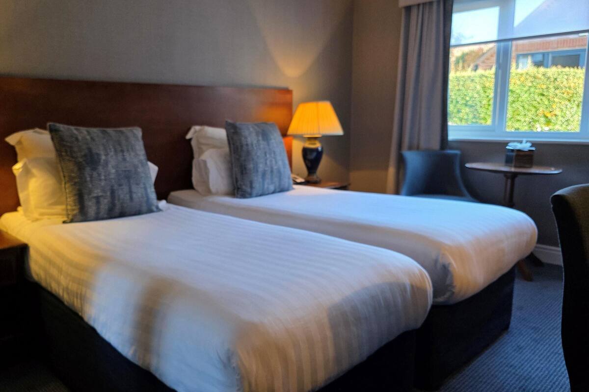Hotellihuoneessa on kaksi sänkyä, joissa kummassakin on tyyny ja lamppu. Huoneesta on ikkuna, josta avautuu näkymä vehreään maisemaan.
