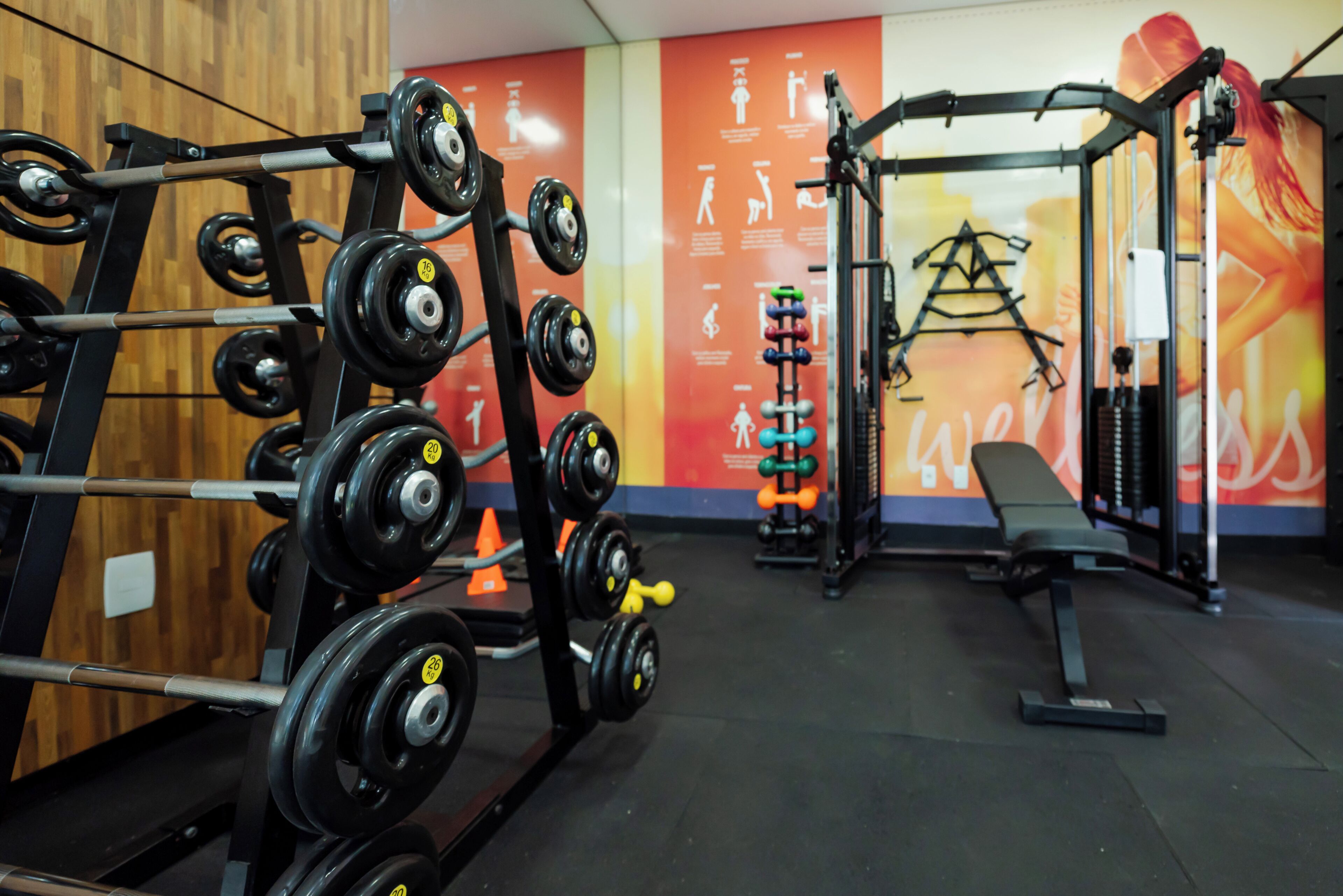 A gym with weightlifting equipment, a bench, and instructional posters on the wall.