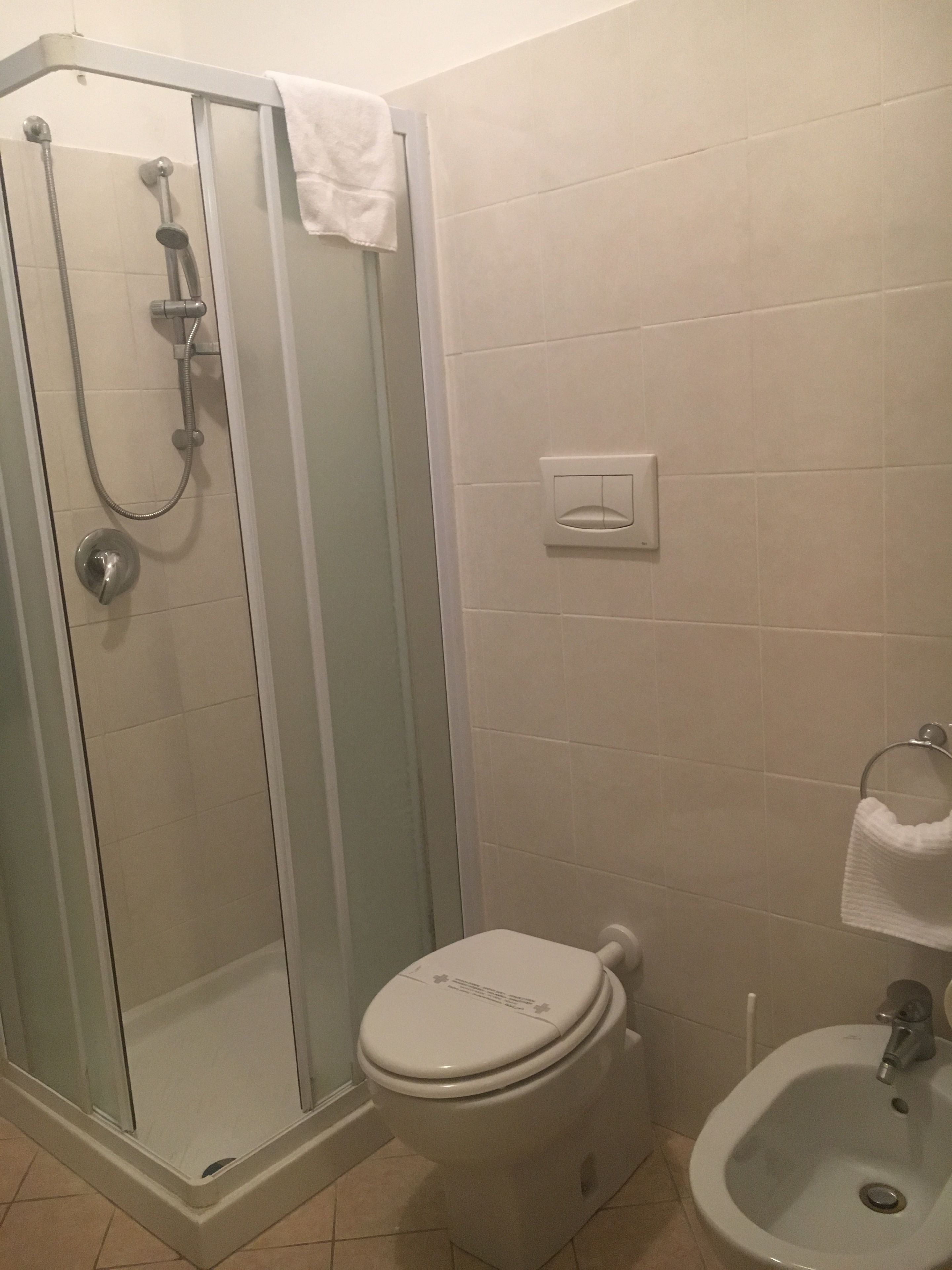 A bathroom with a glass-enclosed shower, a toilet, and a bidet.