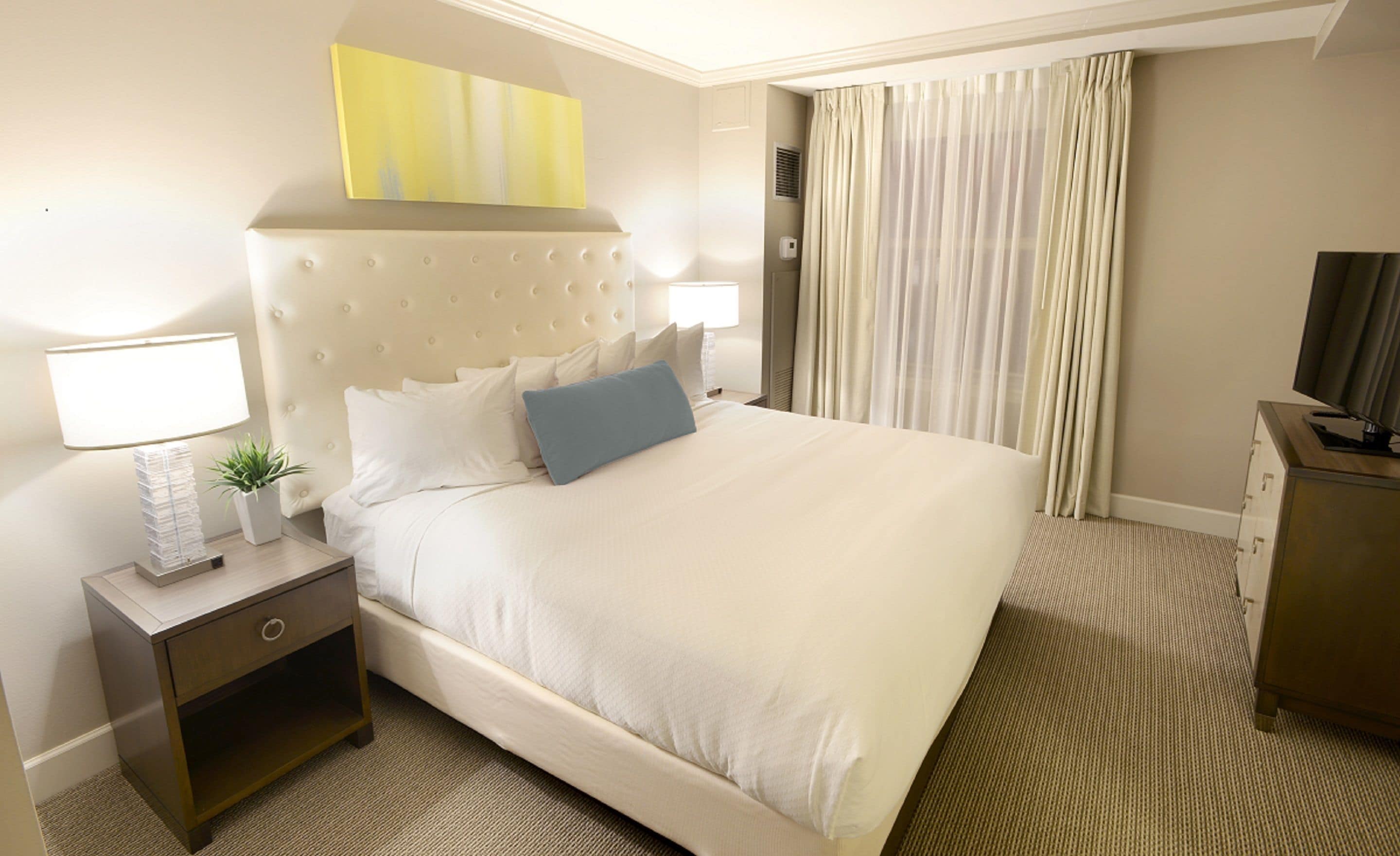 A hotel room with a large bed, a bedside table with a lamp, a small plant, and a television on a wooden cabinet.