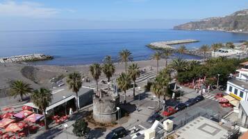 A coastal town with a promenade lined with palm trees, a rocky breakwater, and a beach.