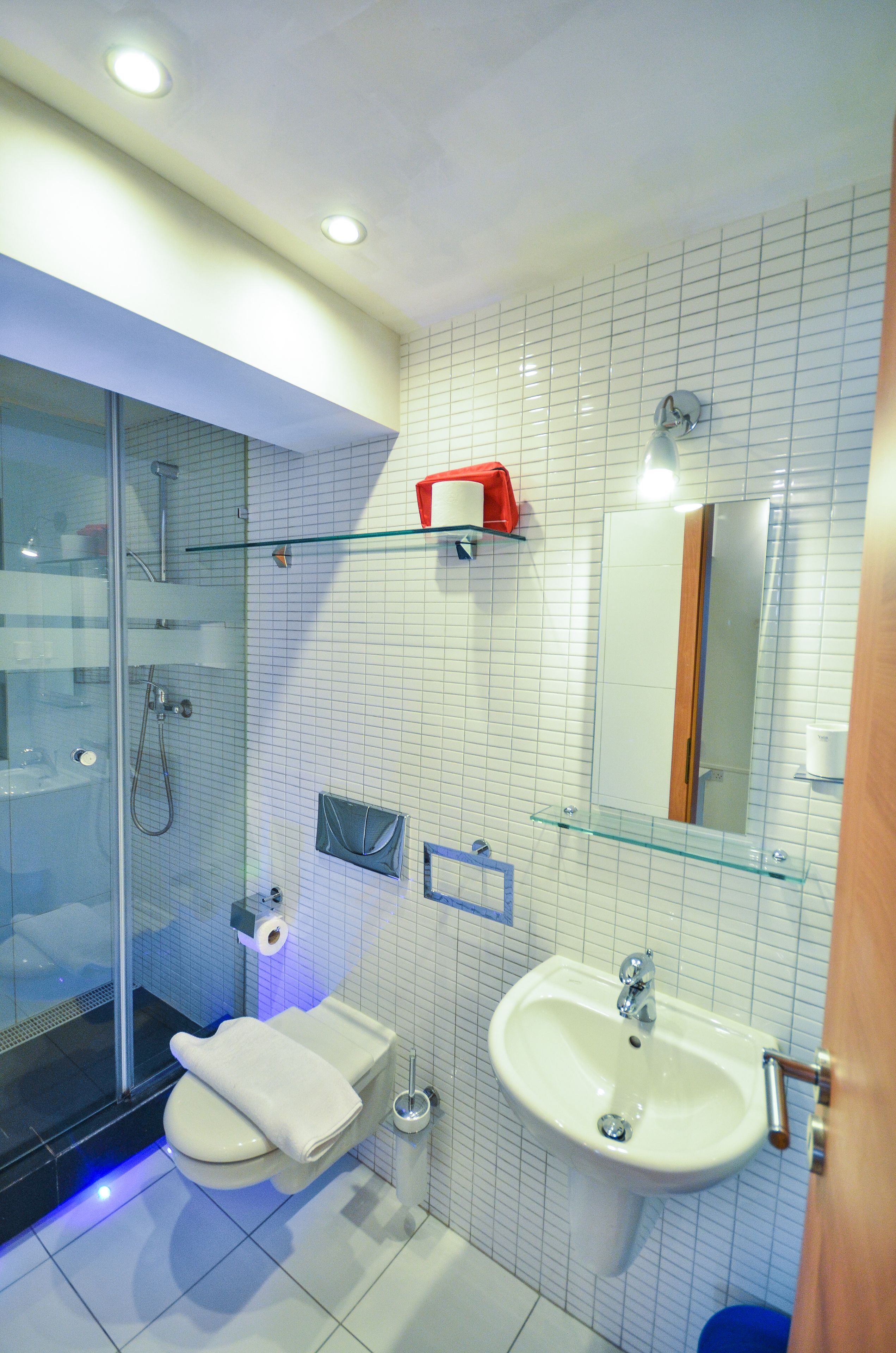 A modern bathroom with a glass shower enclosure, a toilet, a sink, and a mirror.