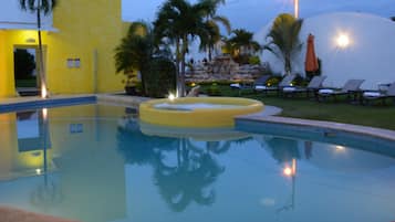 Outdoor pool, open 8 AM to 10 PM, pool umbrellas, pool loungers