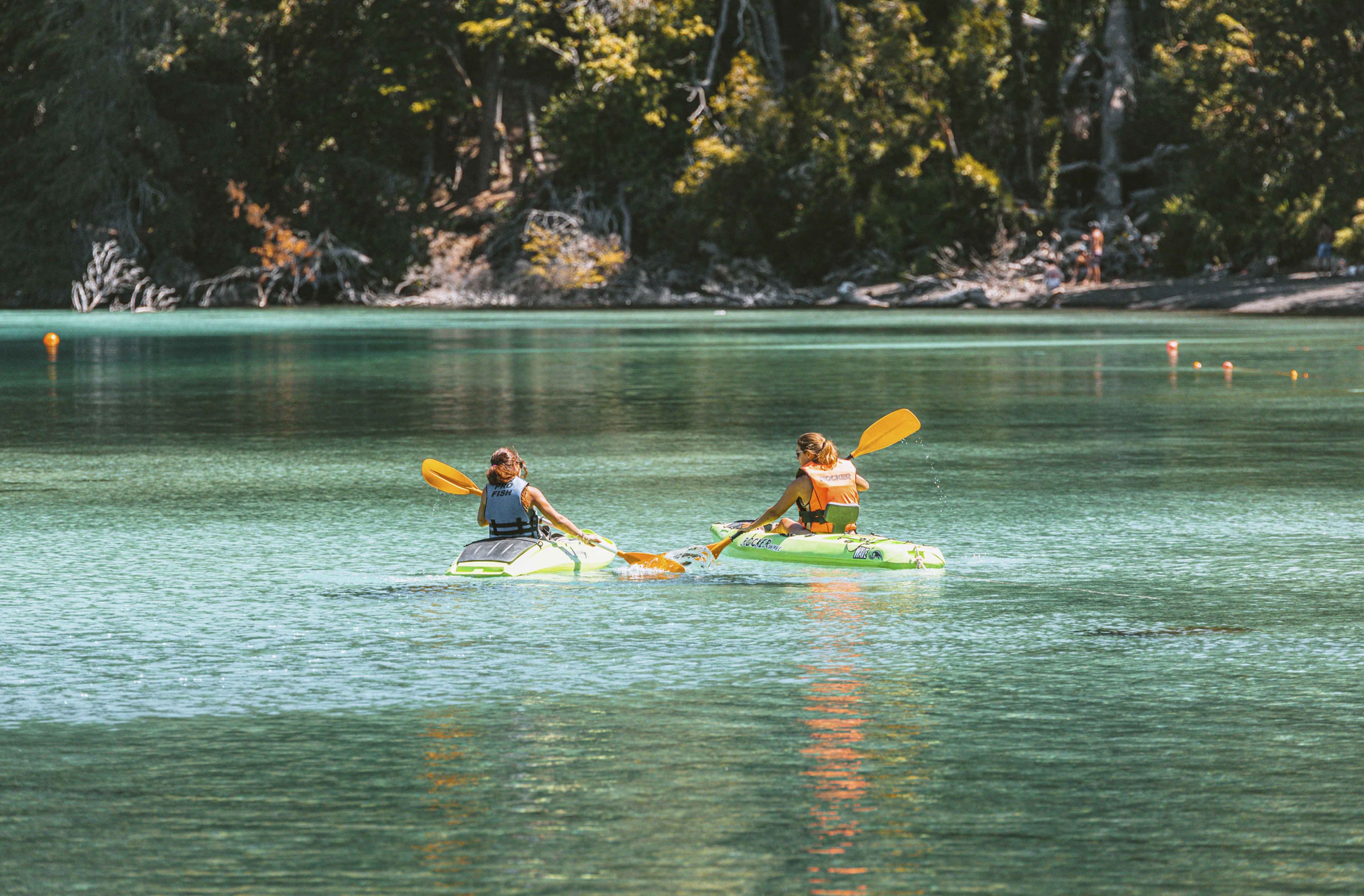 Two people kayaking on a calm body of water with a forested shoreline in the background.