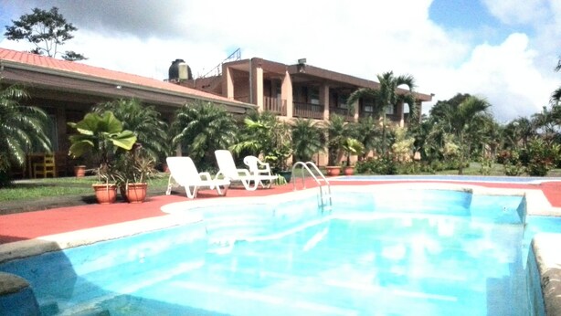 A swimming pool with lounge chairs, palm trees, and a building with a red roof. - Hotel Fuego Arenal (La Fortuna)