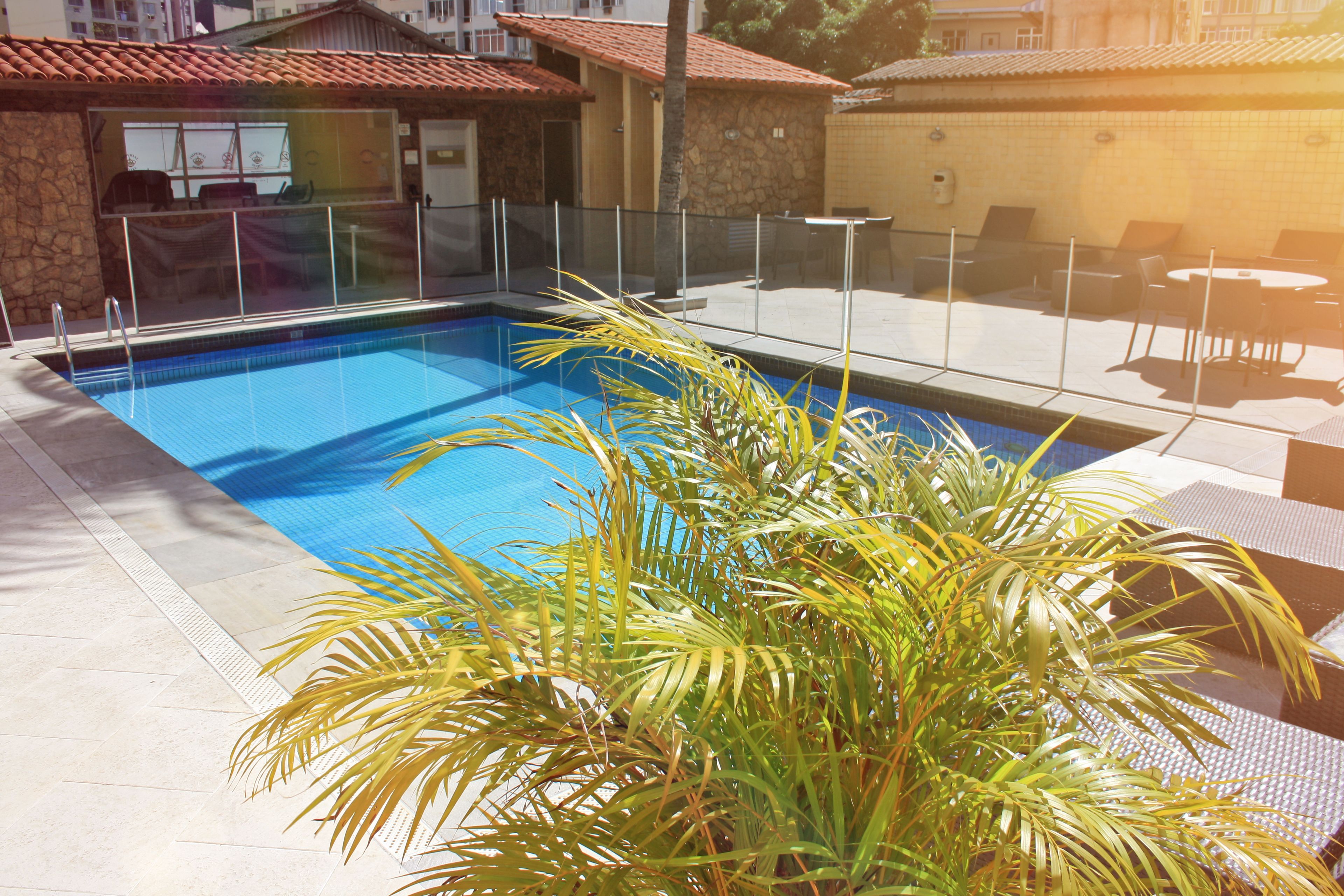 Una piscina con barrera de vidrio, rodeada de sillas de descanso y una planta de palmera.