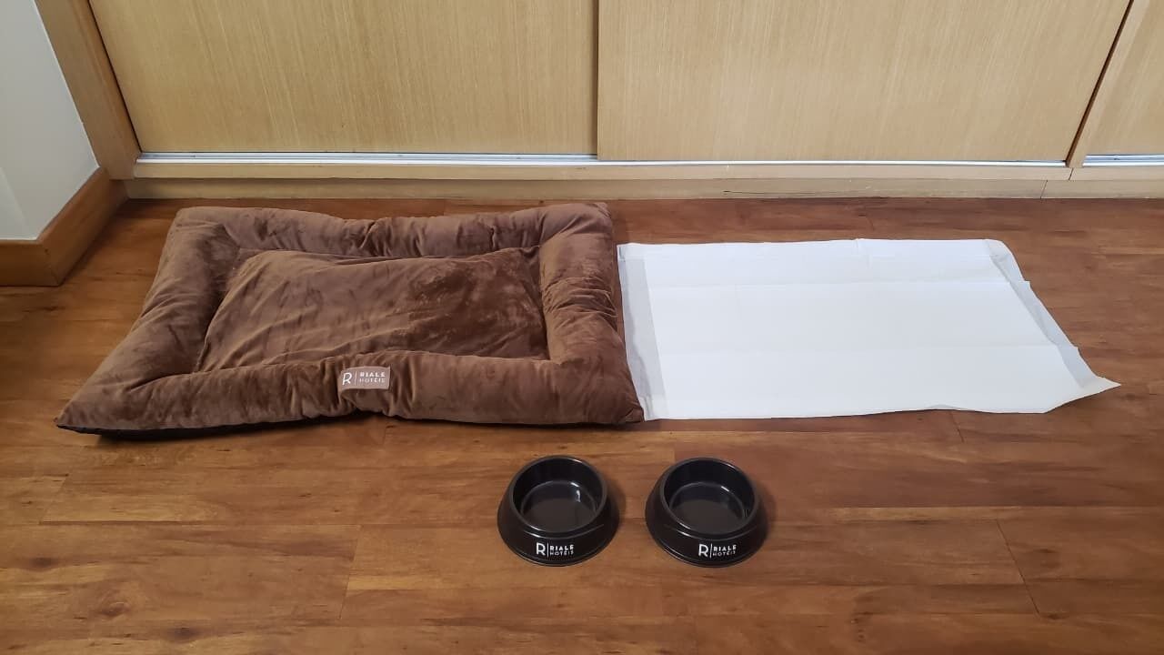 En djursäng, en vit filt och två matskålar för husdjur på ett trägolv.