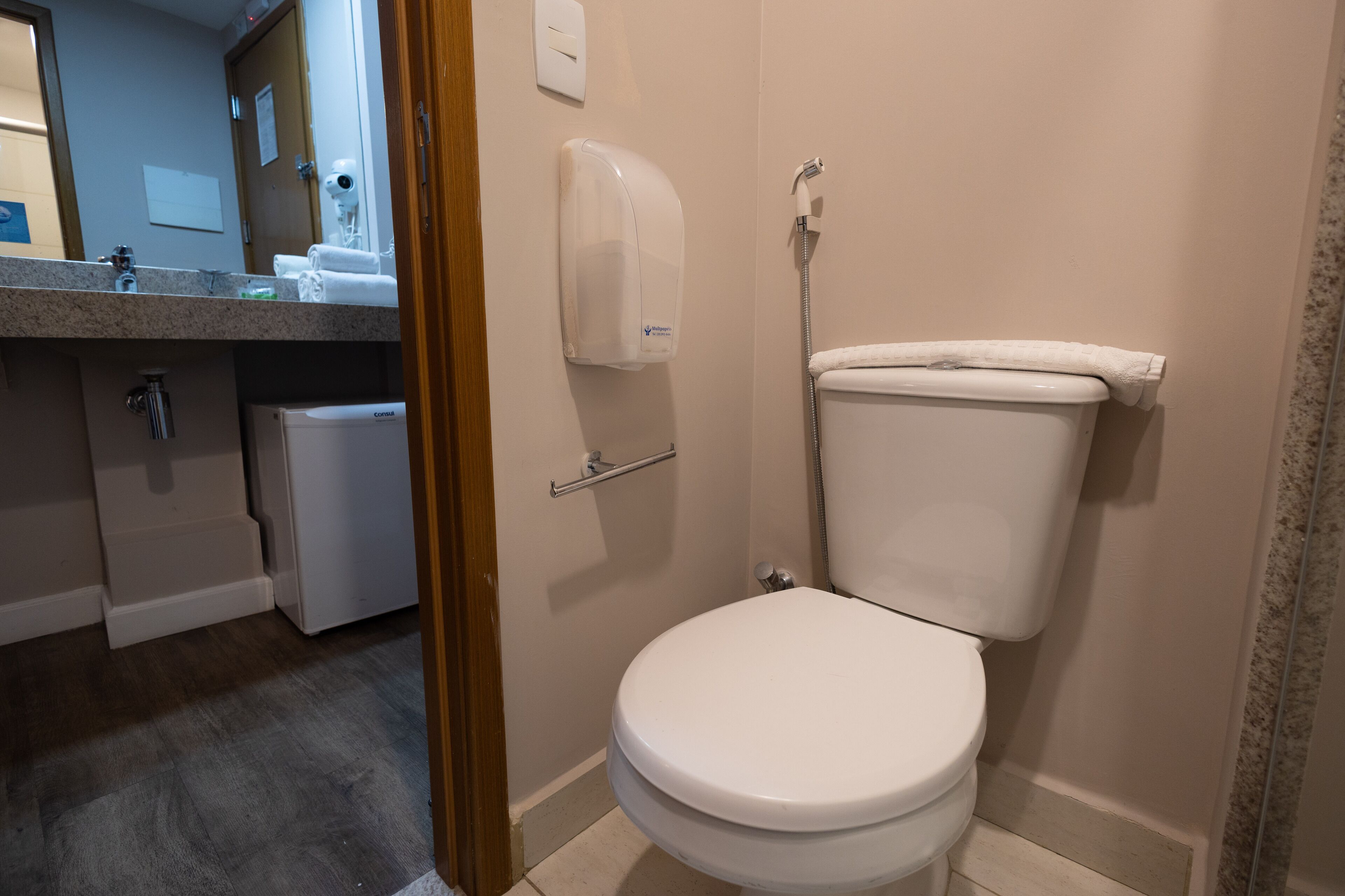 Un bagno con un water, un asciugamani ad aria e un piccolo frigorifero.