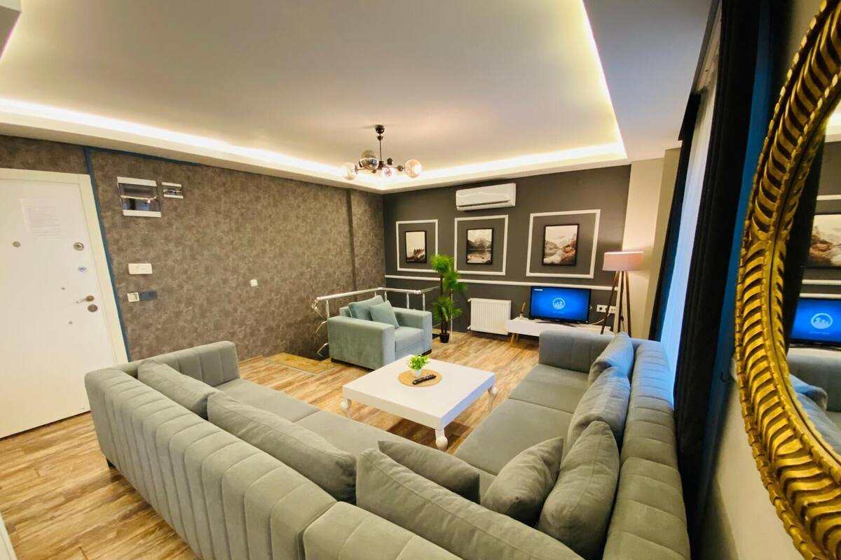 A modern living room with a grey sofa, a coffee table, and a TV.