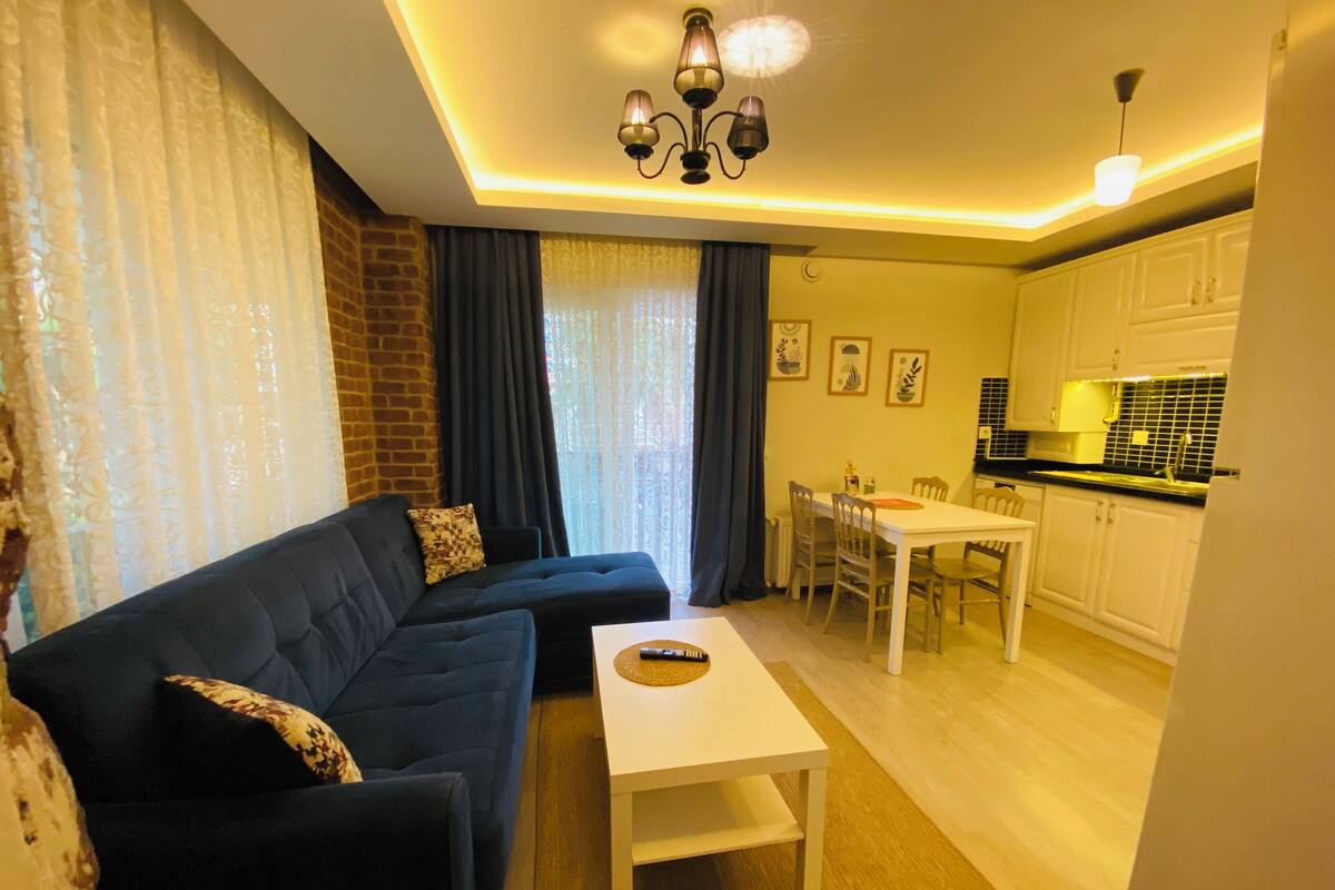 A living room with a sofa, a dining table, and a kitchen area.
