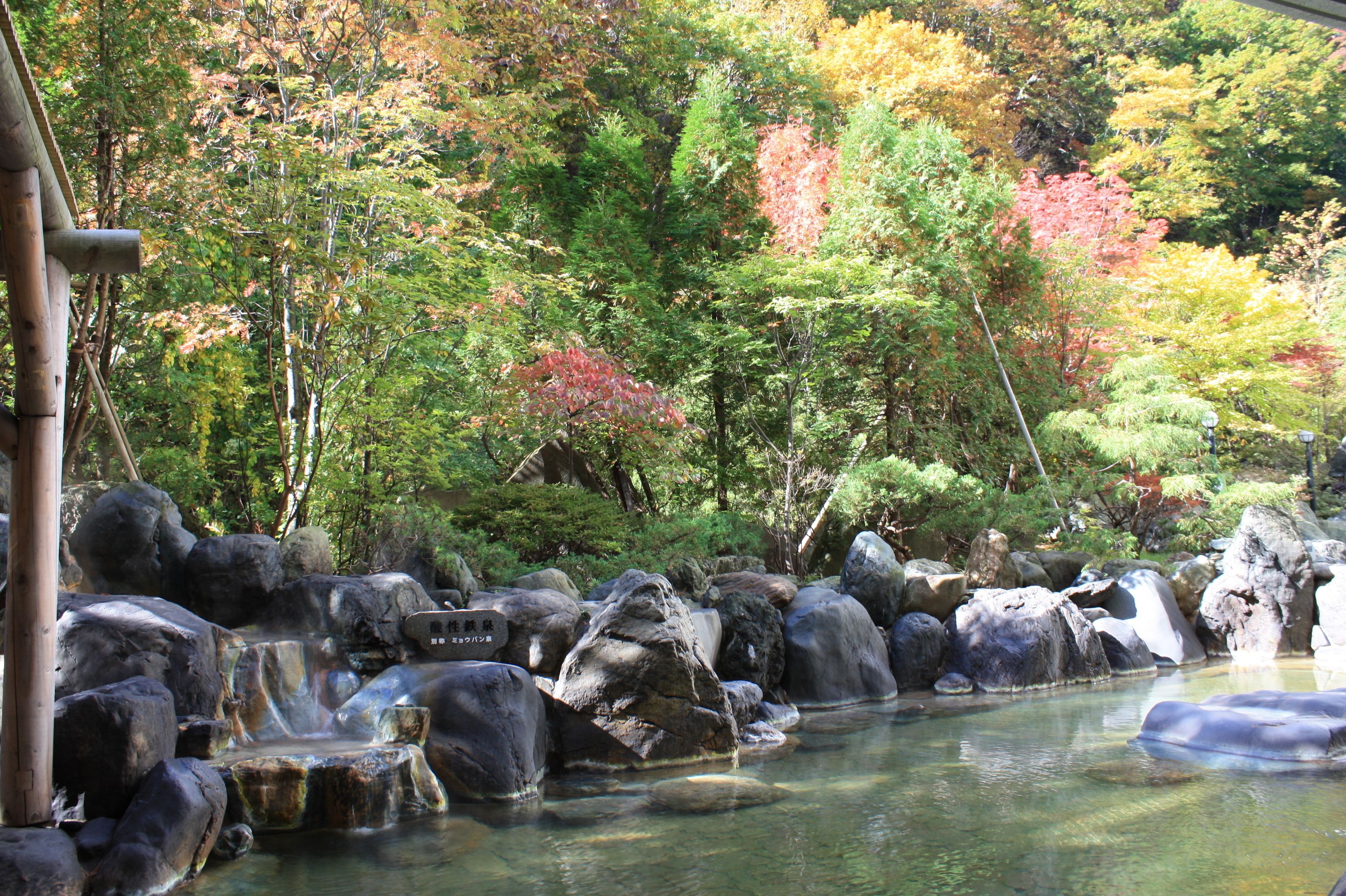 A serene outdoor setting with a clear water feature, large rocks, and a variety of trees in autumn colors.