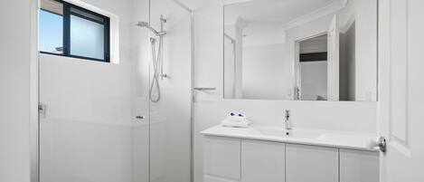 A modern bathroom with a glass shower enclosure, a white sink, and a large mirror.