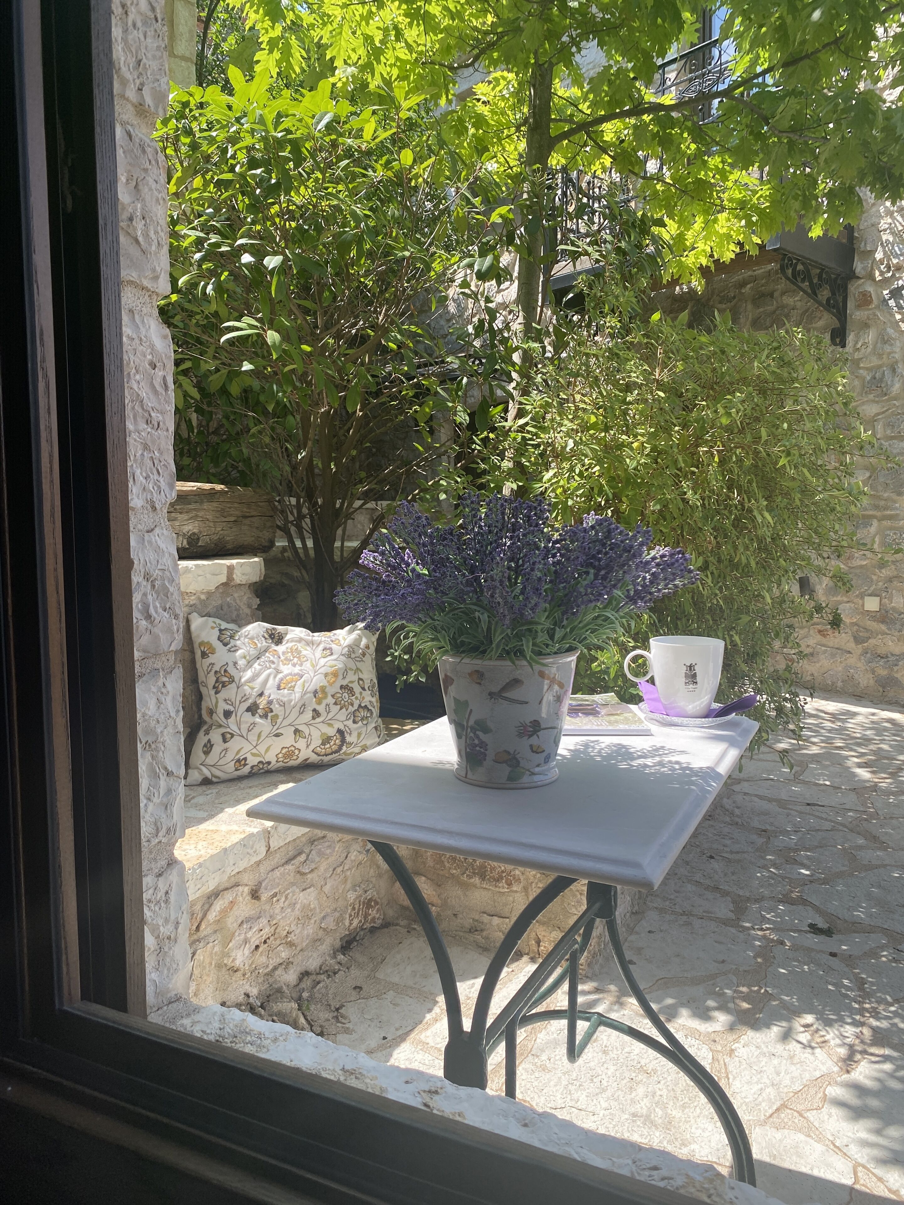 Un muro de piedra, una planta en maceta, un cojín y una mesa con una taza y un platillo.
