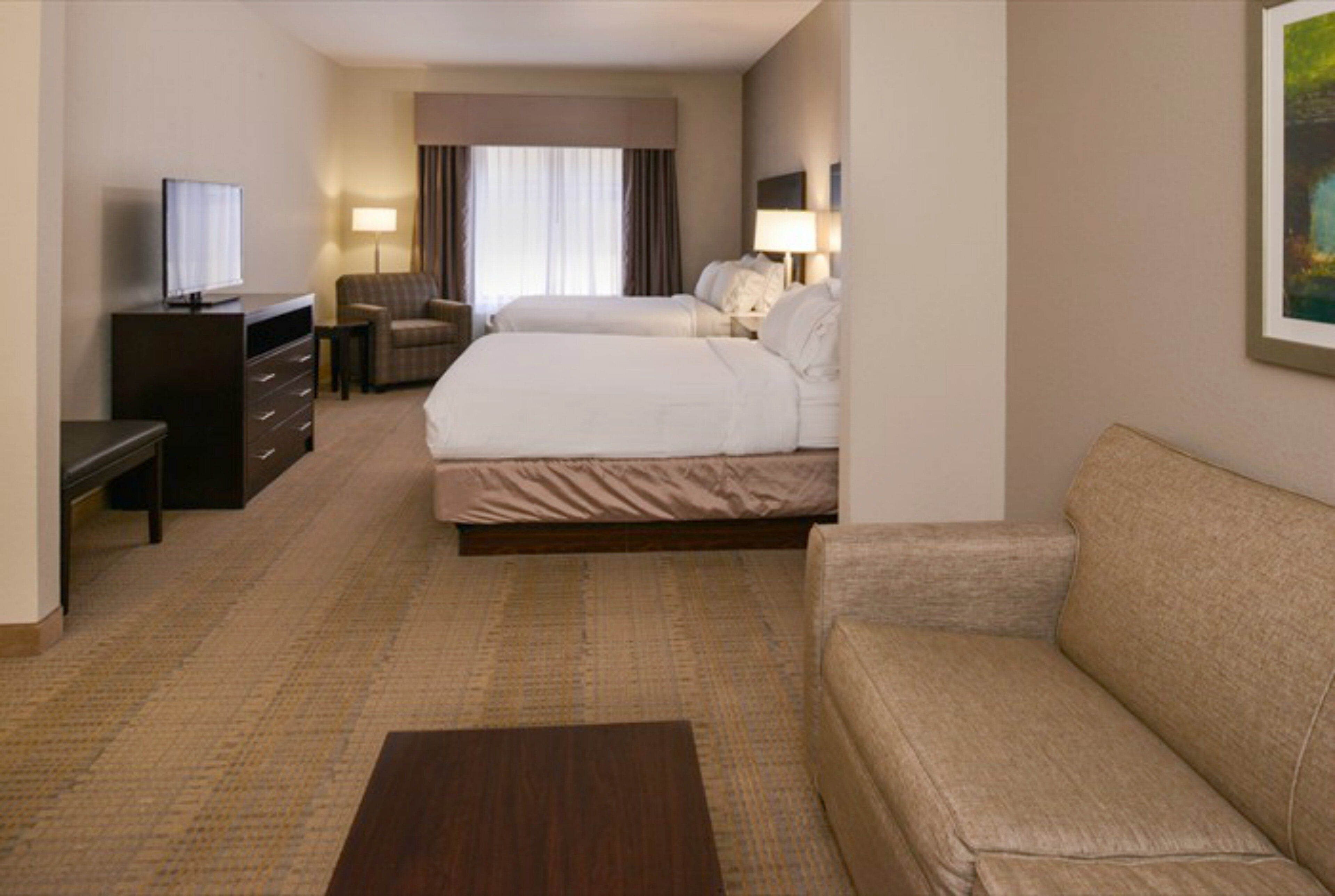 A hotel room with a bed, a sofa, a desk with a television, and a chair.