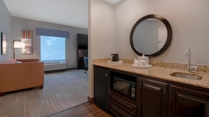A modern bathroom with a large mirror, a sink, a coffee maker, and a dishwasher.