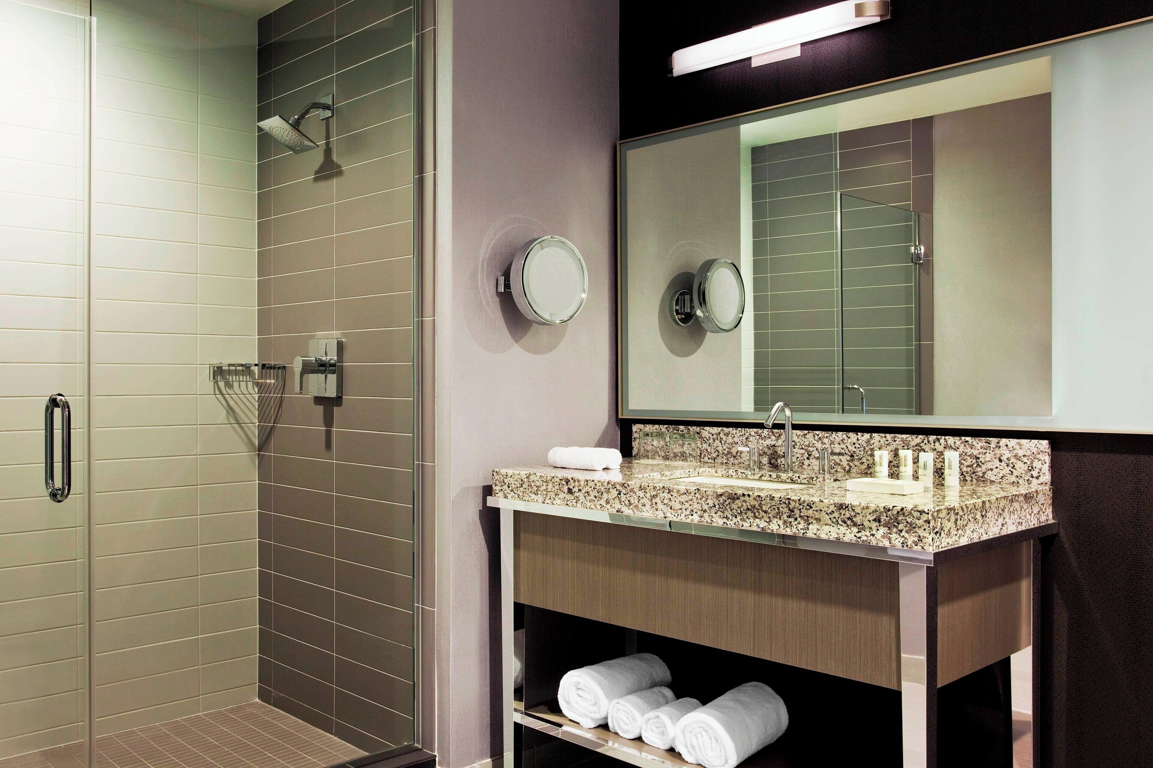 combined shower/bathtub, free toiletries, hair dryer, bathrobes