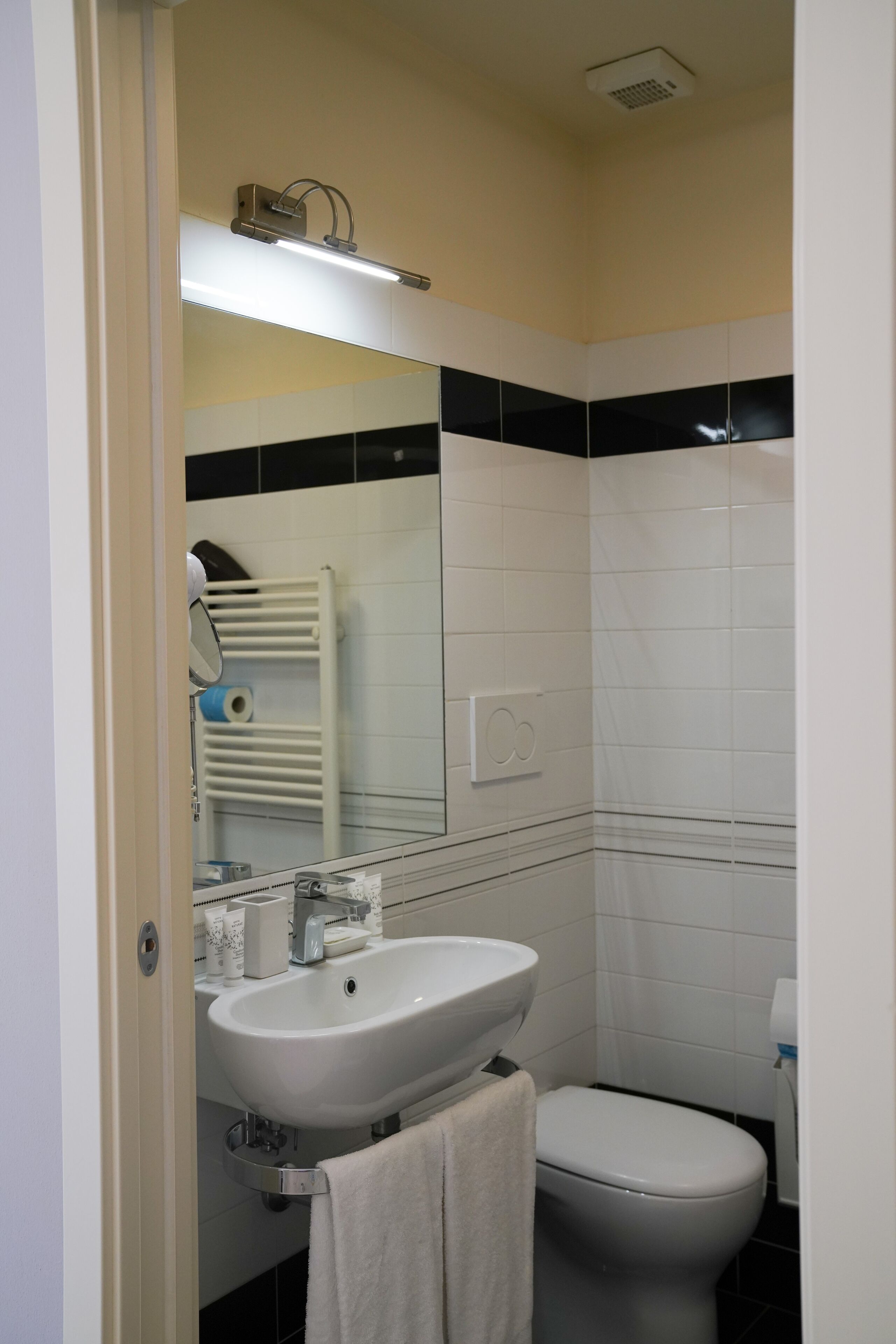A bathroom with a white sink, a toilet, a mirror, and a towel rack.
