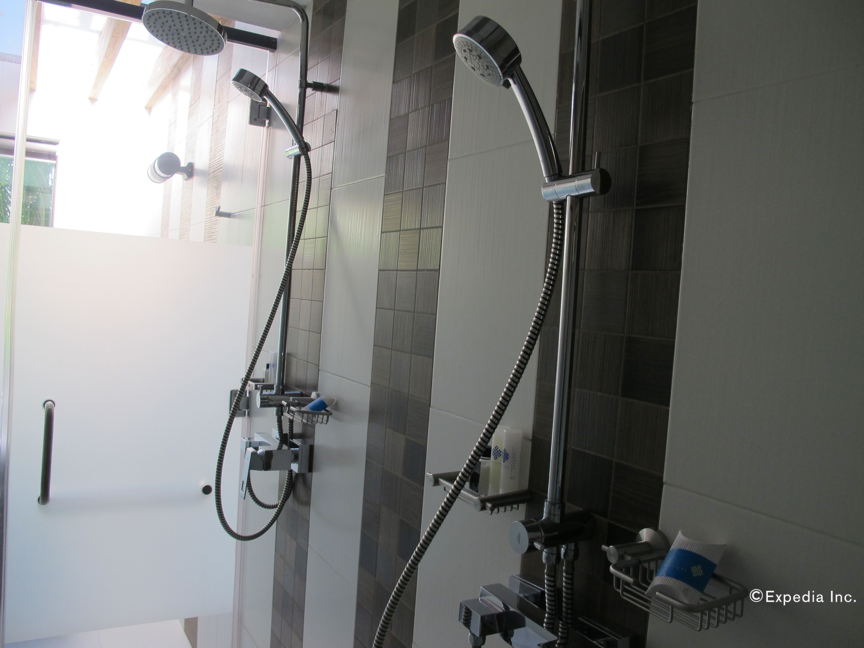 Une salle de bain avec deux pommes de douche, un porte-serviettes et un distributeur de savon.