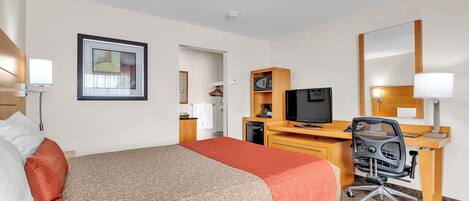 Habitación de hotel con cama, escritorio, televisor y espejo.