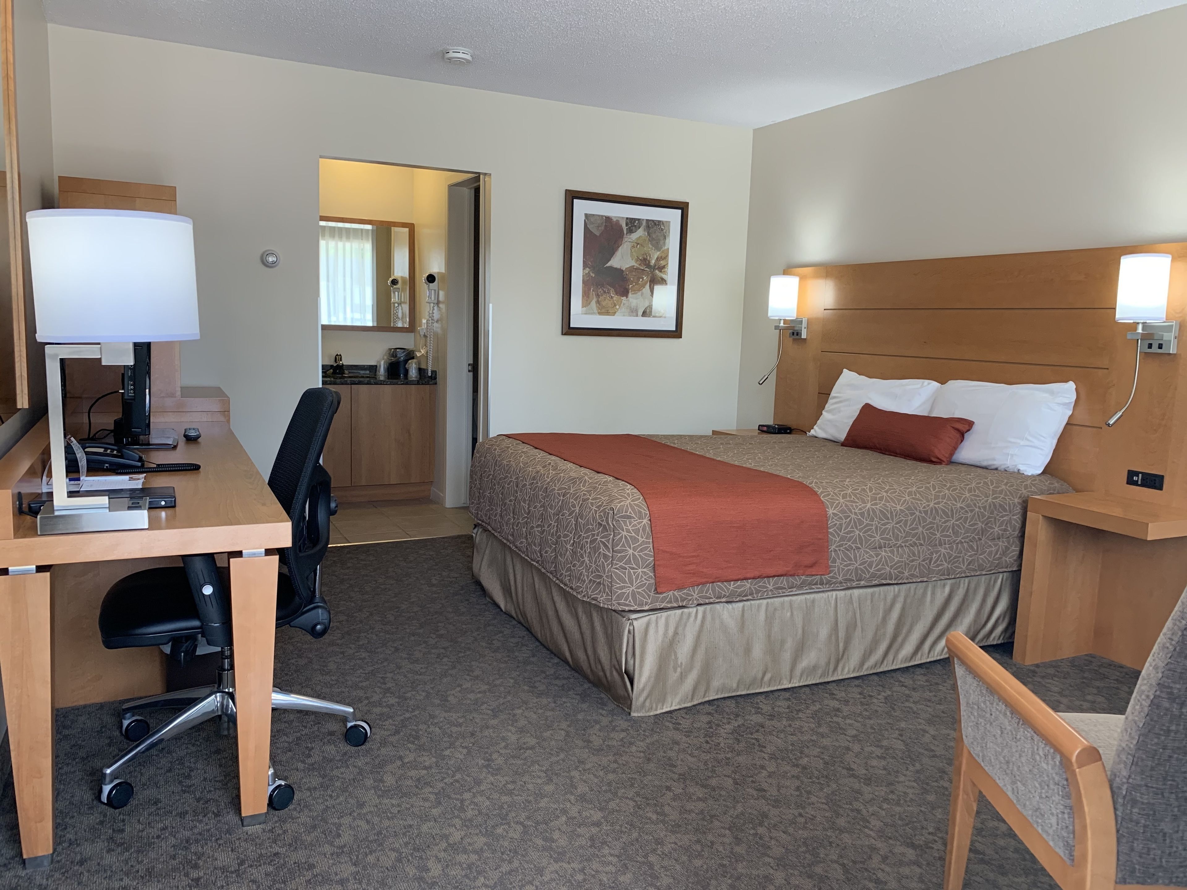 Hypo-allergenic bedding, desk, laptop workspace, blackout drapes