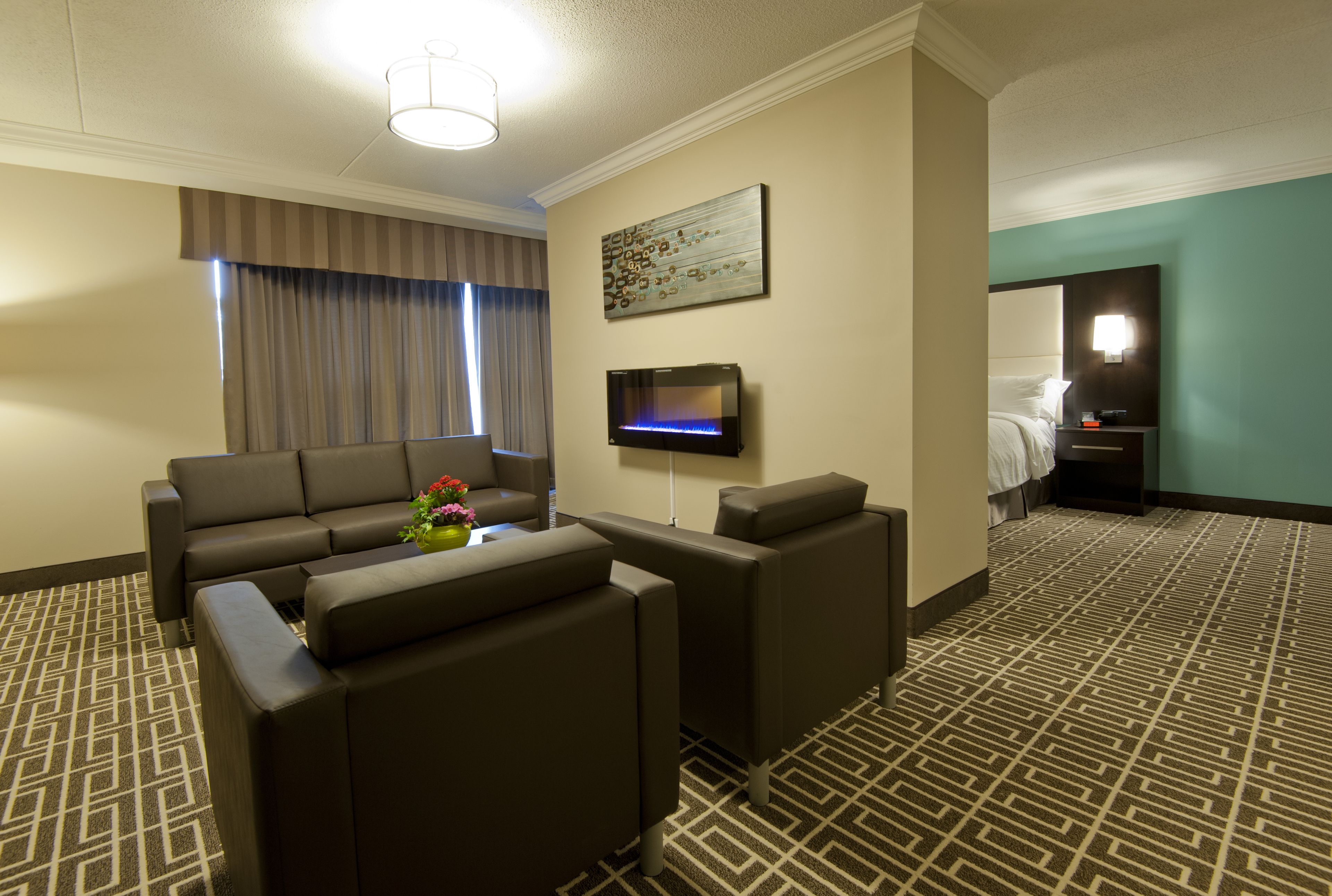 A hotel room with a sofa set, a flat-screen TV, a bed, and a patterned carpet. - Visitors Inn (Hamilton)