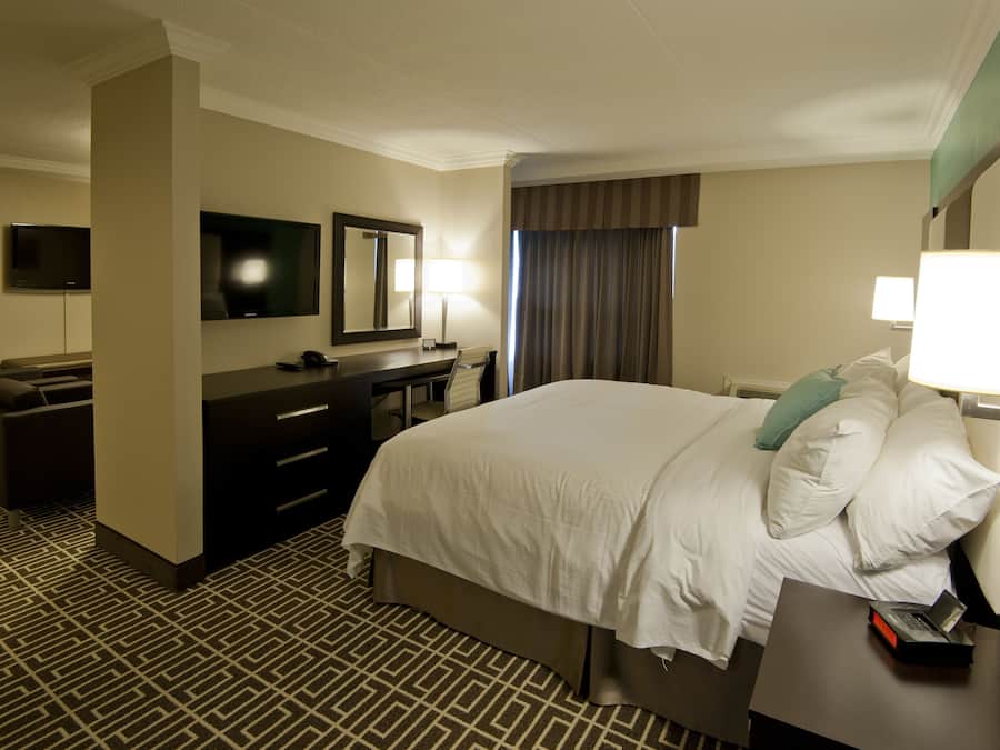 Une chambre d’hôtel avec un grand lit, un bureau avec une chaise, un téléviseur à écran plat, un miroir, une lampe et une moquette à motifs.