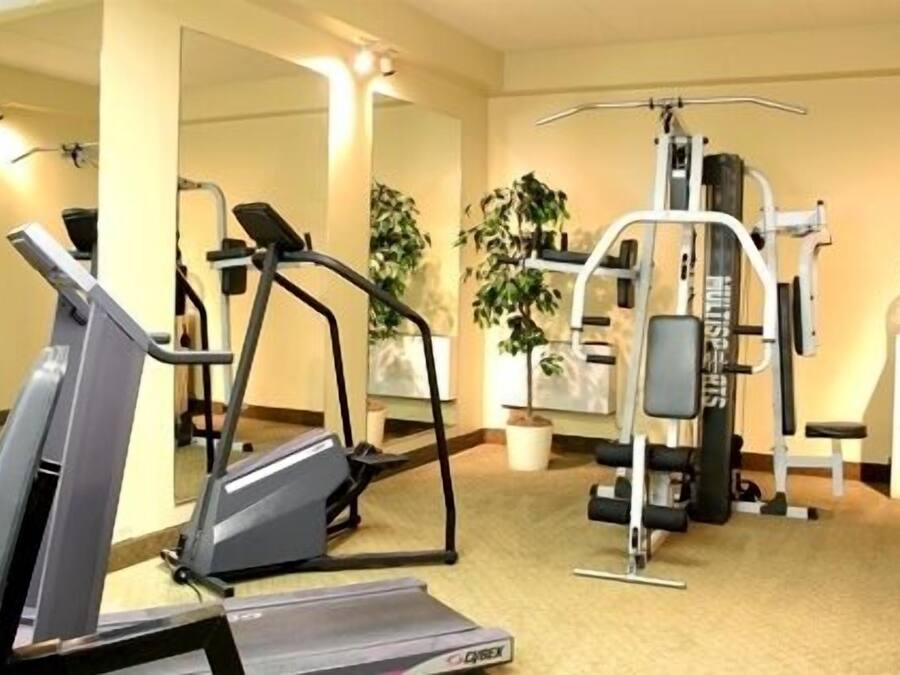 A gym with cardio equipment, weight machines, and a mirror.