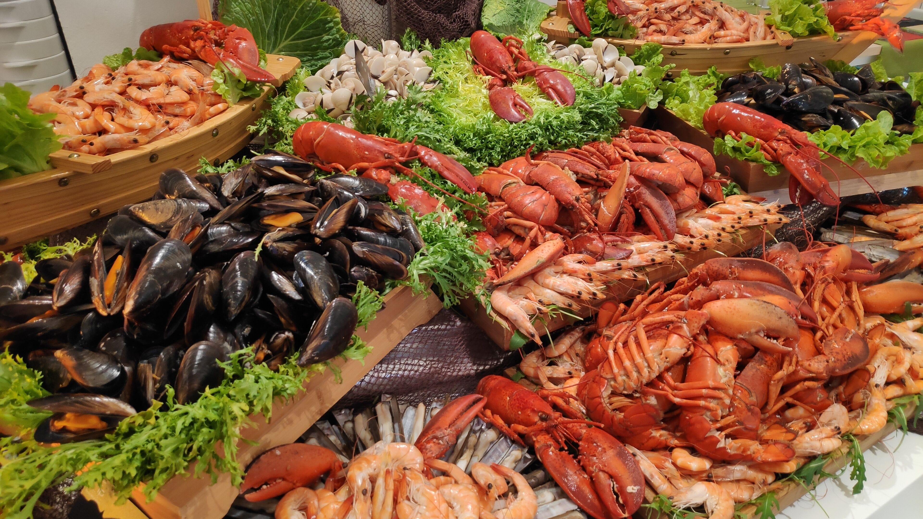 Exhibición de mariscos con diferentes tipos de mariscos y langostas.