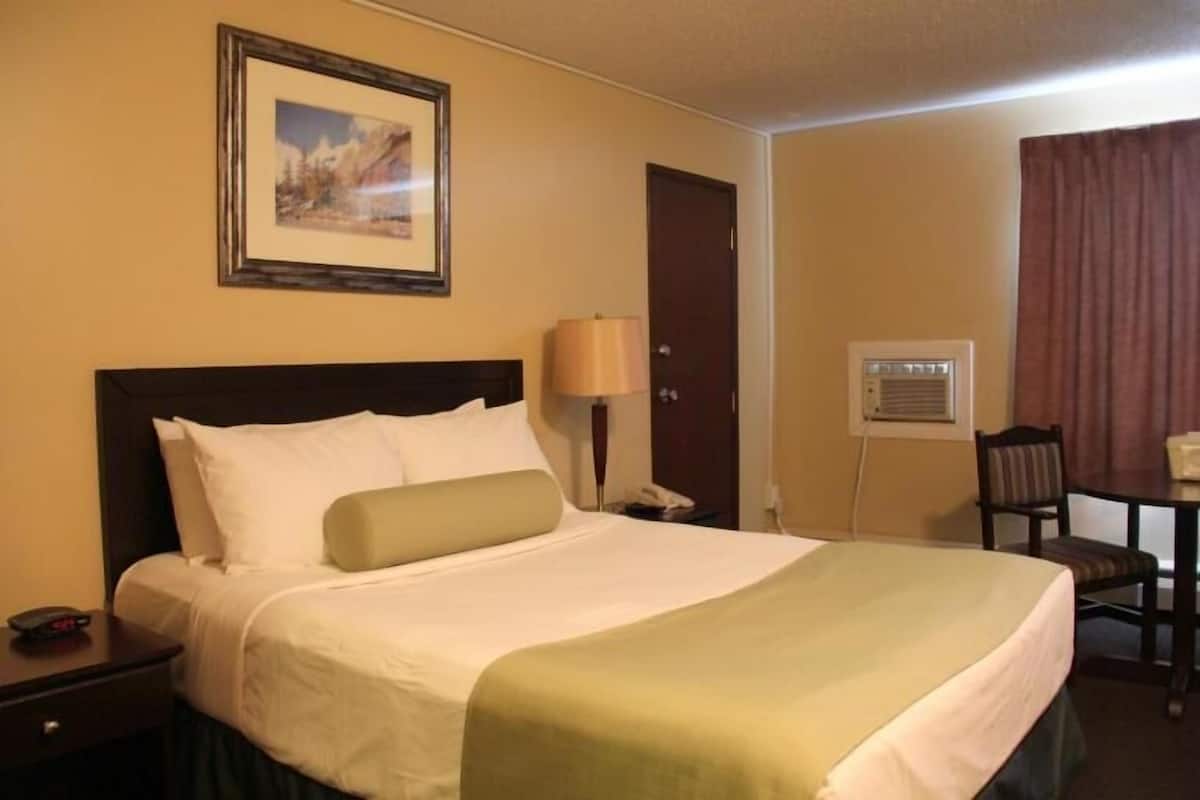 Habitación de hotel con cama, mesita de noche, lámpara, escritorio, silla y un cuadro en la pared.