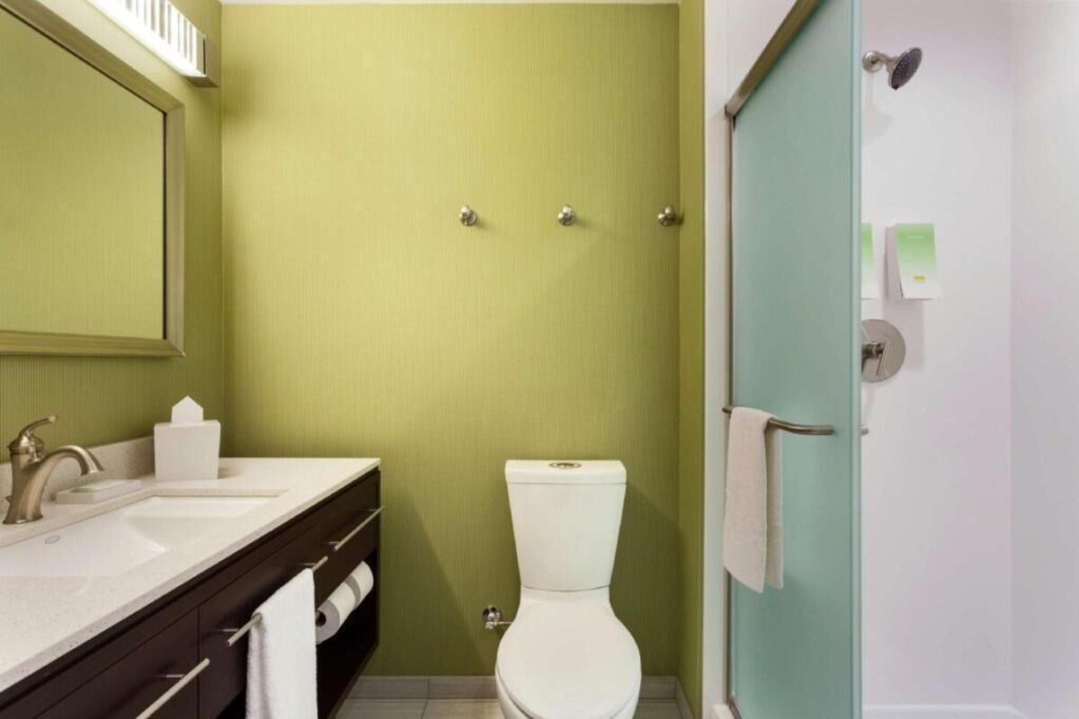 Baño con pared verde, inodoro blanco, lavamanos con espejo y zona de ducha.