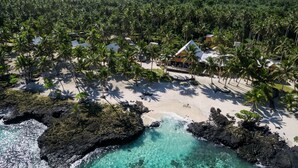 A tropical resort with a beach, palm trees, and ocean views. - Sa'Moana Beach Bungalows (Salamumu)