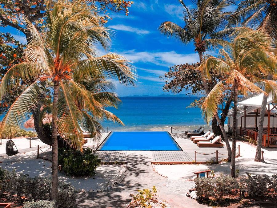 A pool area with a view of the ocean, surrounded by palm trees and lounge chairs.