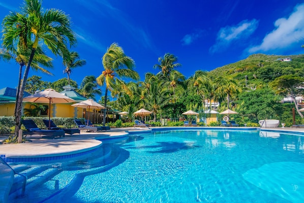 2 ulkouima-allasta, aurinkovarjoja, aurinkotuoleja